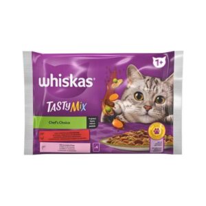 WHISKAS TASTY MIX VEIS,LINNULIHA/KÖÖGIVILJA/LÕHE,PORGANDIGA 4*85G